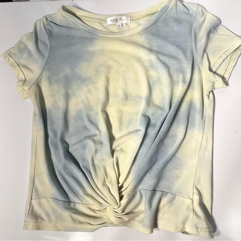White Fawn Tye Dye Yellow & Baby Blue Front Knot Top